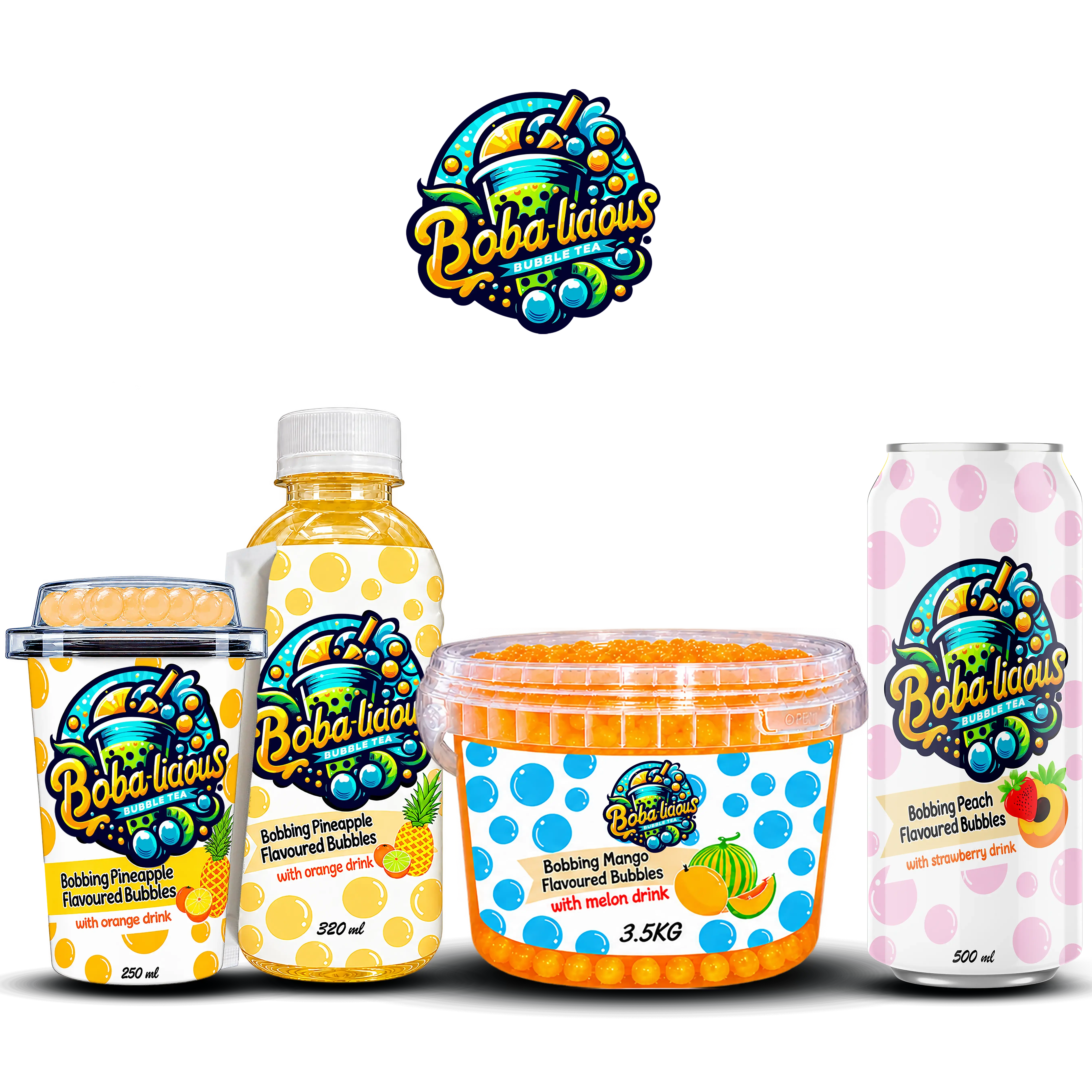 BUBBLE TEA Boba-licious product range featuring pineapple, mango and peach popping boba drinks in 250 ml, 320 ml, 500 ml and 3.5 kg formats.